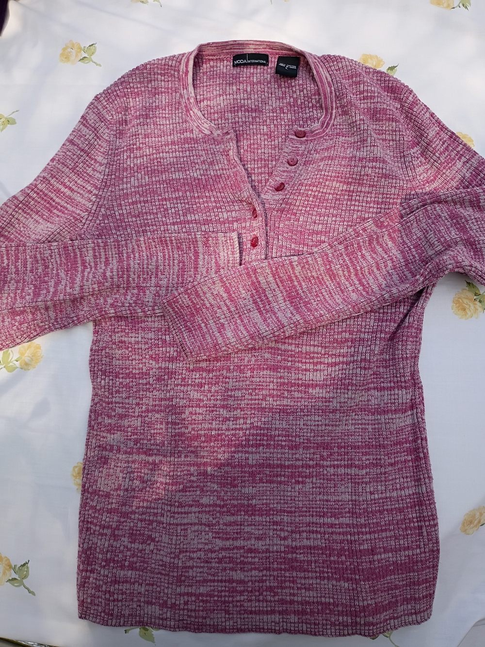 Moda International Pink Marled Henley Scoop Sweater